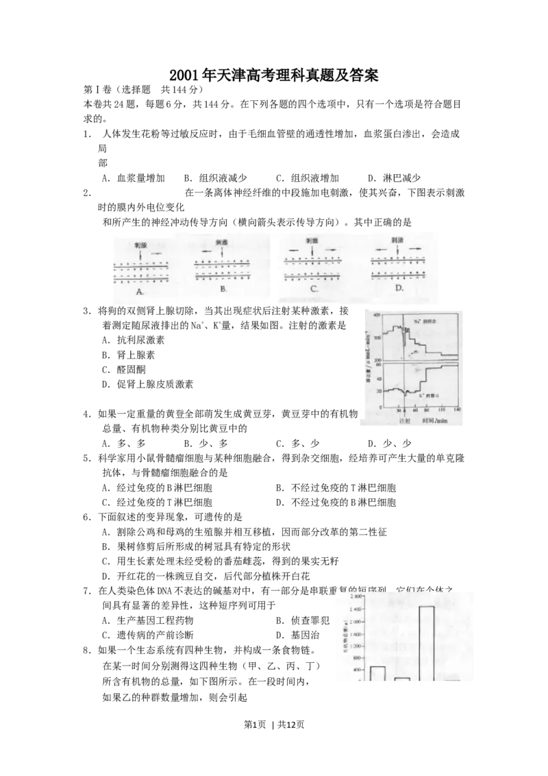 2001年天津高考理科真题及答案_化学高考真题试卷_旧1990-2007&middot;高考化学真题_1990-2007&middot;高考化学真题&middot;word_2001-2007年各地理综历年真题_天津