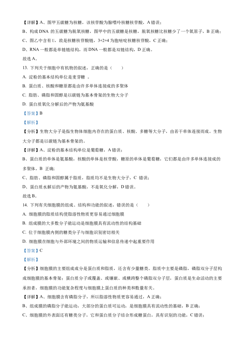 重庆市第八中学2024-2025学年高一上学期期中考试生物Word版含解析_2024-2025高一（7-7月题库）_2024年11月试卷_1121重庆市第八中学2024-2025学年高一上学期期中考试