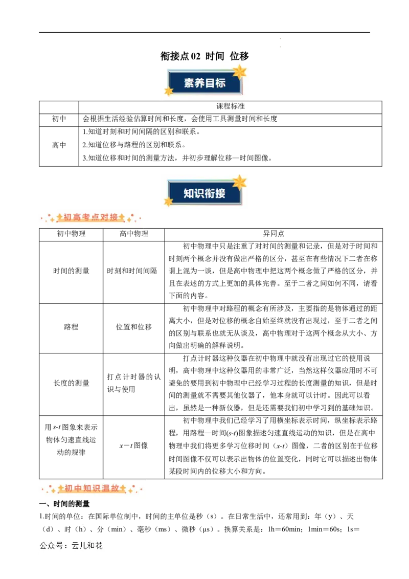 衔接点02时间位移（原卷版）_2024-2025高一（7-7月题库）_2024年7月试卷_07082024年初升高物理无忧衔接（通用版）+暑假自学课2024年新高一物理暑假提升精品讲义