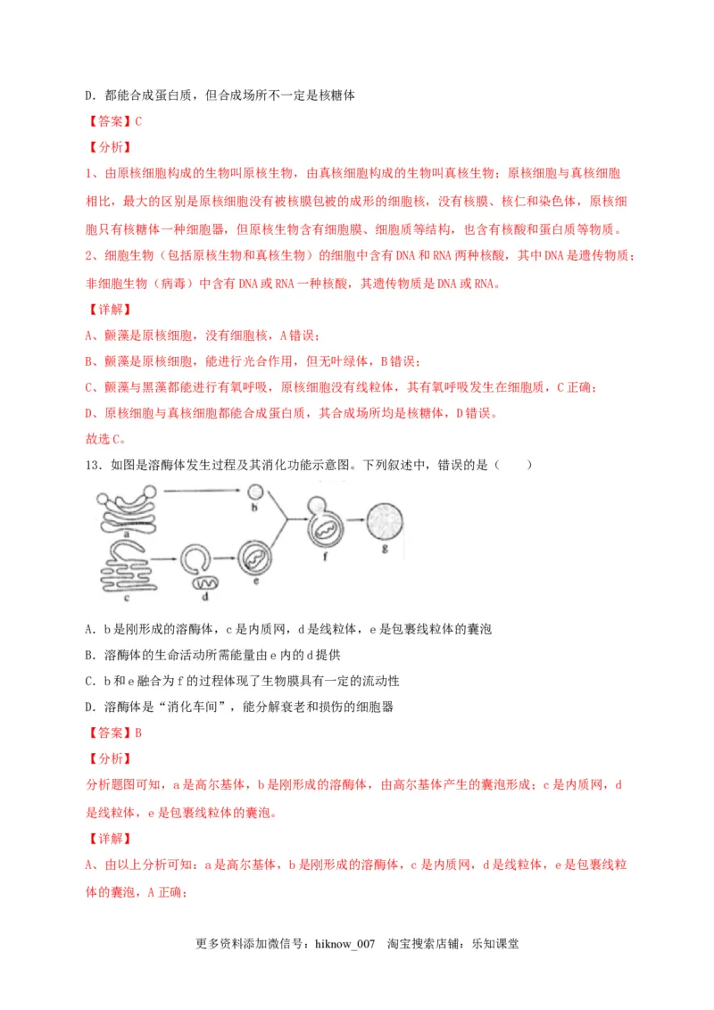 高一生物上学期期末测试卷02（人教版必修1）（解析版）_E015高中全科试卷_生物试题_必修1_4.期末试卷_1.模拟题_高一生物上学期期末测试卷02（人教版必修1）