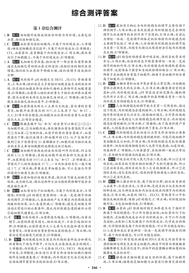 第1章人体的内环境与稳态综合测评参考答案_E015高中全科试卷_生物试题_选修1_1.单元测试_2.单元测试（第二套）_第一章