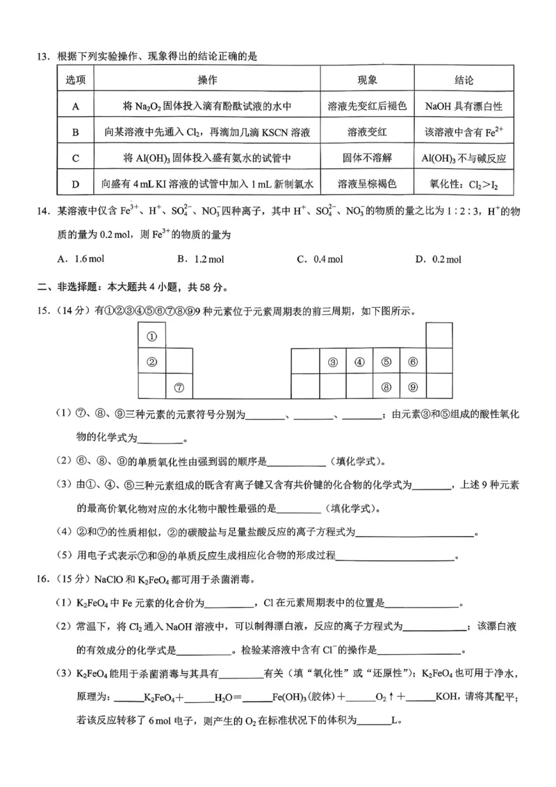 重庆市2026年高一（上）期末联合检测（康德卷）化学+答案_2024-2025高一（7-7月题库）_2026年1月高一_260128重庆市2026年高一（上）期末联合检测（康德卷）