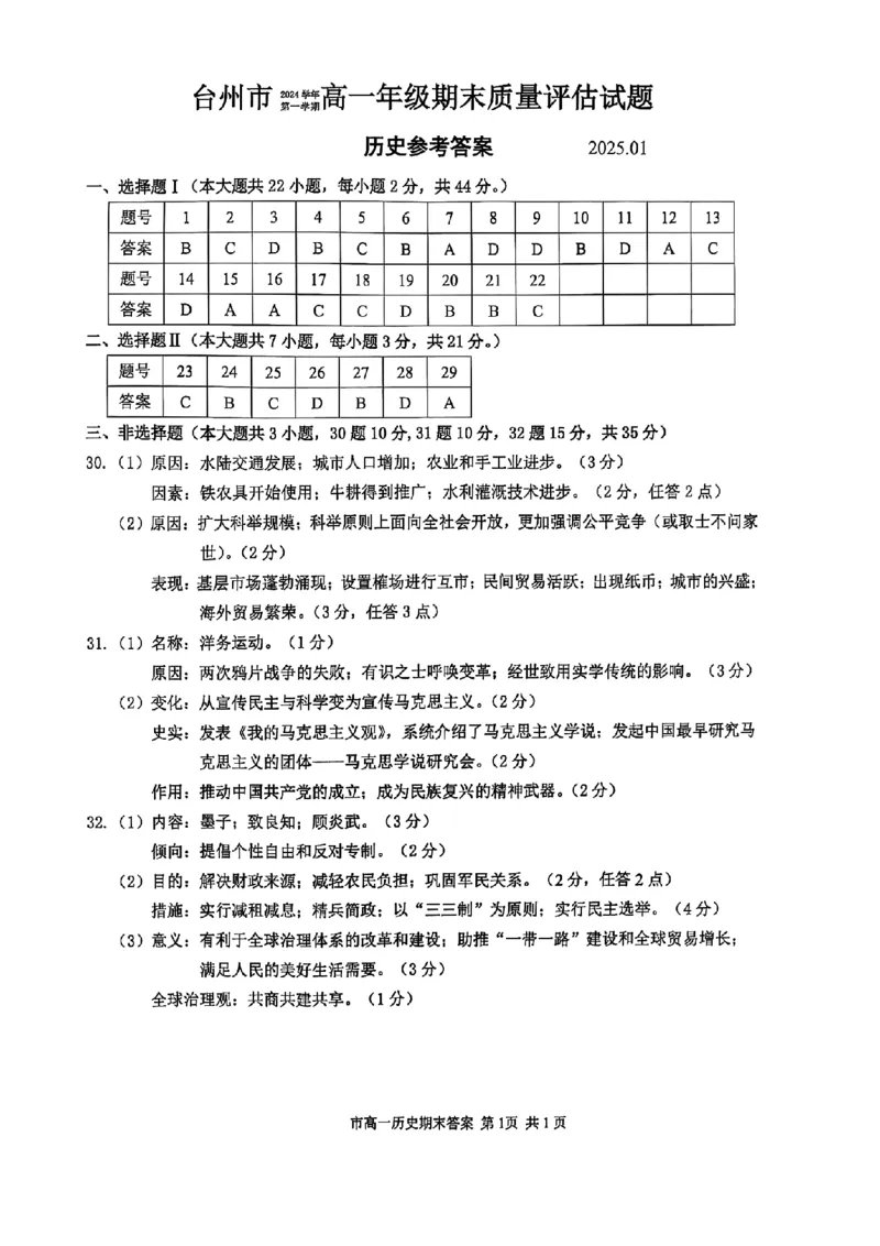 浙江省台州市2024学年第一学期高一年级期末质量评估试题历史（图片版含答案）_2024-2025高一（7-7月题库）_2025年02月试卷_0218浙江省台州市2024-2025学年高一上学期期末质量评估考试
