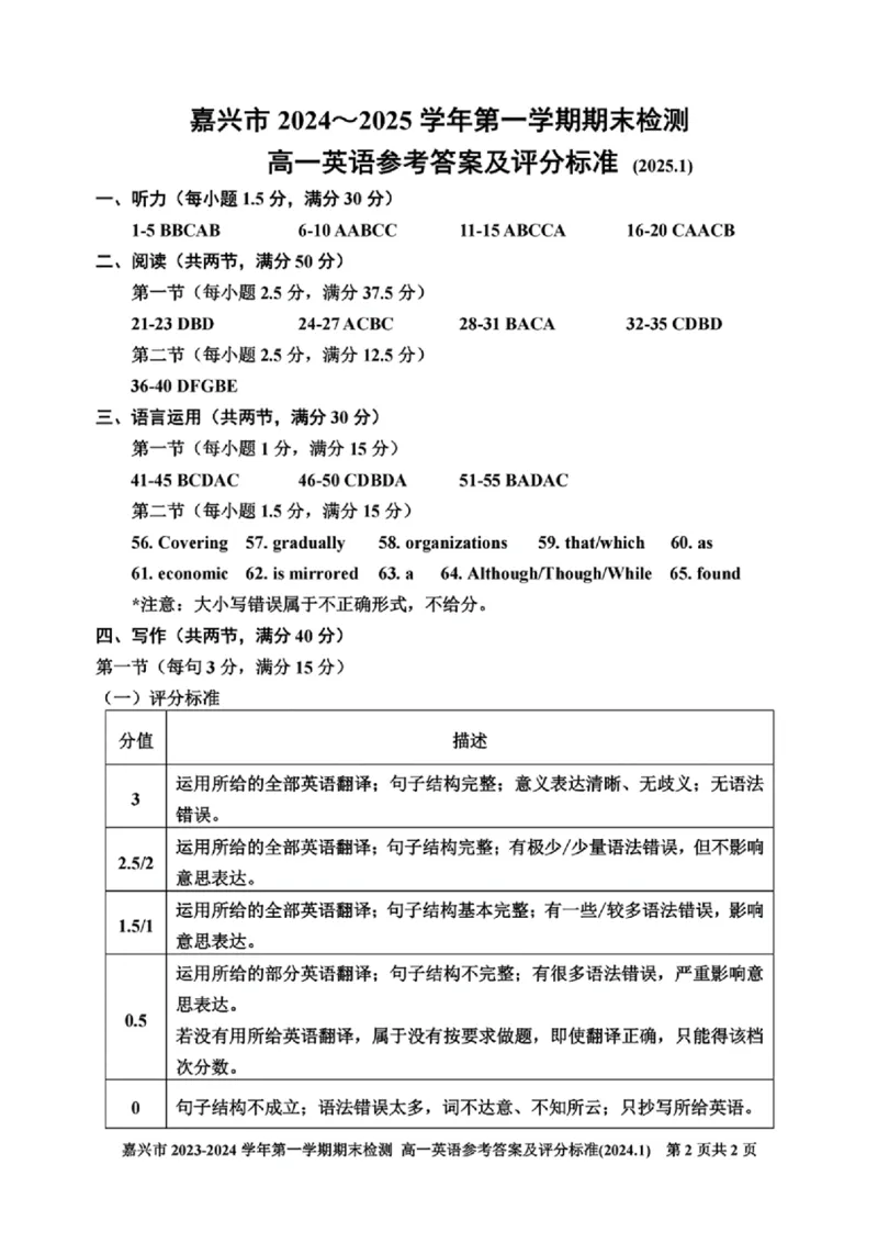浙江省嘉兴市2024-2025学年高一上学期期末检测英语试卷（含答案）_2024-2025高一（7-7月题库）_2025年02月试卷_0225浙江省嘉兴市2024-2025学年高一上学期期末检测