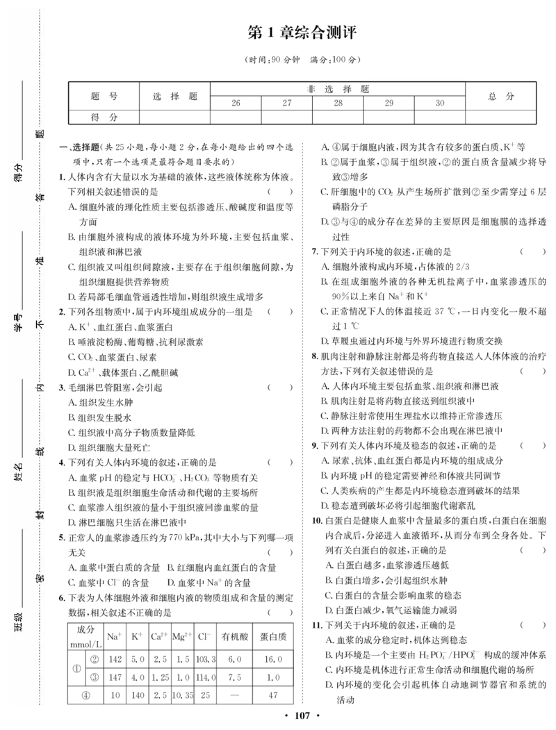 第1章人体的内环境与稳态综合测评_E015高中全科试卷_生物试题_选修1_1.单元测试_2.单元测试（第二套）_第一章