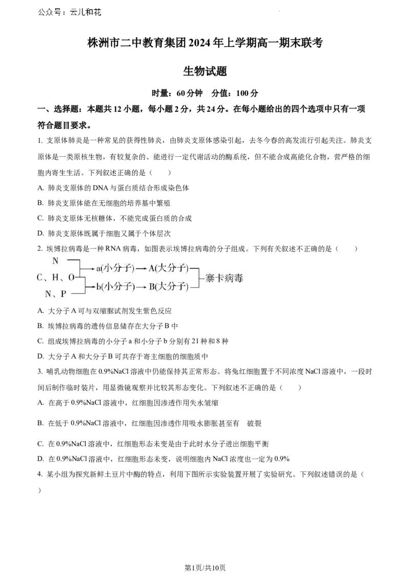 湖南省株洲市天元区株洲市二中教育集团株洲市第二中学2023-2024学年高一下学期期末联考生物试题_2024-2025高一（7-7月题库）_2024年7月试卷