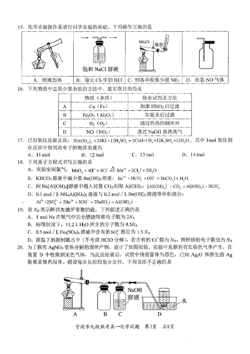 浙江省宁波市九校2024-2025学年高一上学期期末联考化学试卷（图片版，含答案）_2024-2025高一（7-7月题库）_2025年01月试卷_0123浙江省宁波市九校2024-2025学年高一上学期期末联考试题