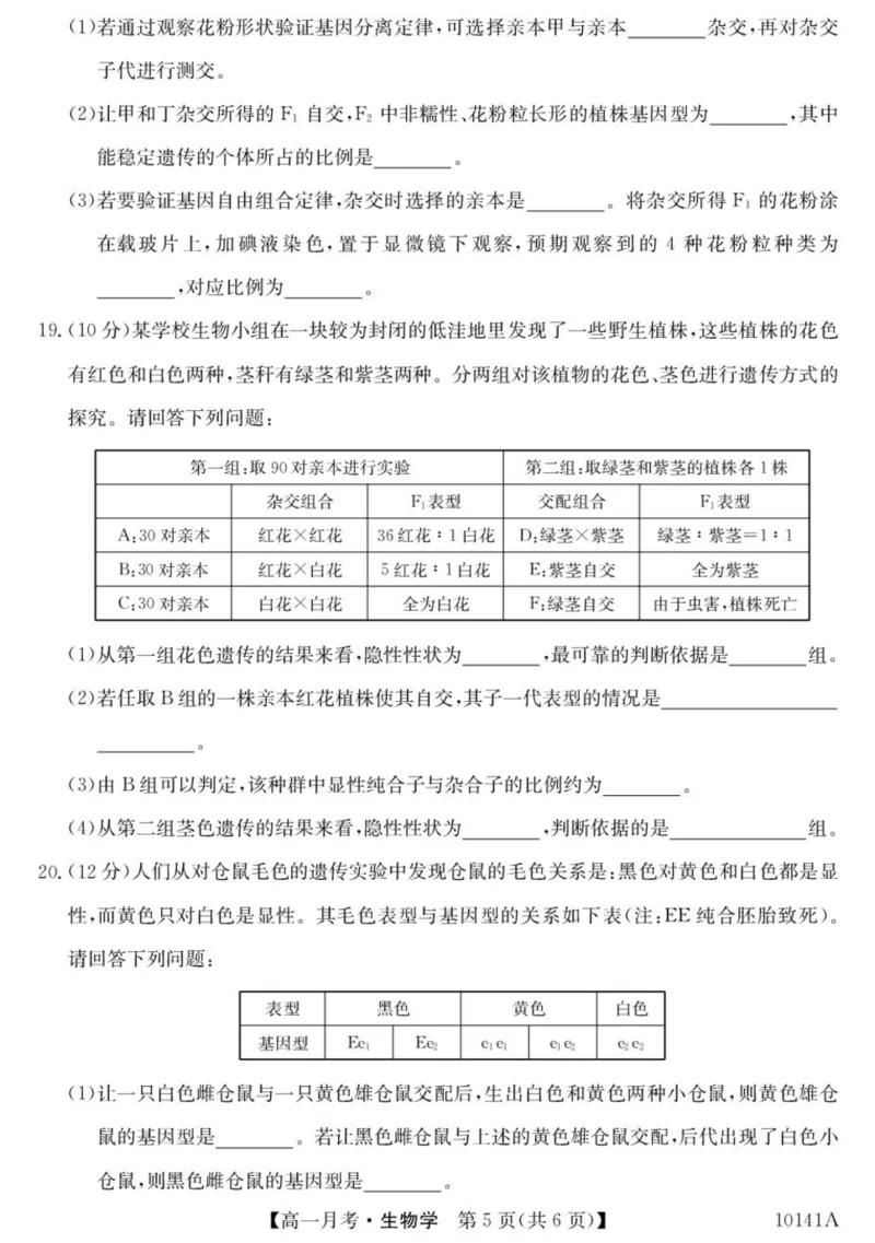 甘肃省定西市临洮县文峰中学2024-2025学年高一下学期第一次月考生物学试卷（扫描版有答案）_2024-2025高一（7-7月题库）_2025年04月试卷