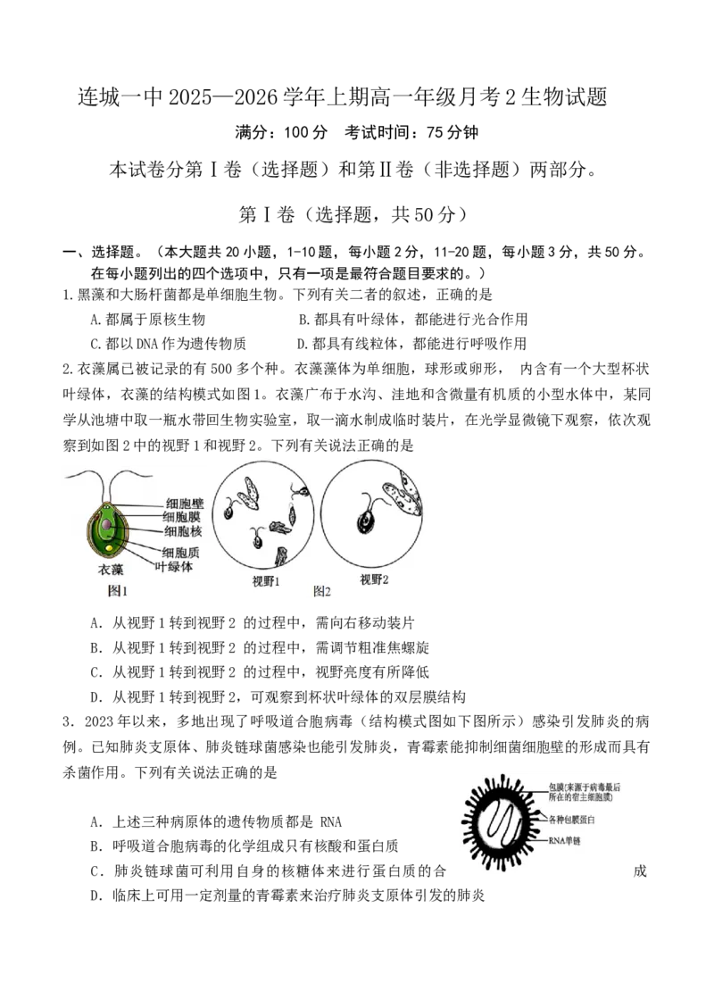 福建省龙岩市连城县第一中学2025-2026学年高一上学期12月月考生物试题（含答案）_2024-2025高一（7-7月题库）_2026年1月高一