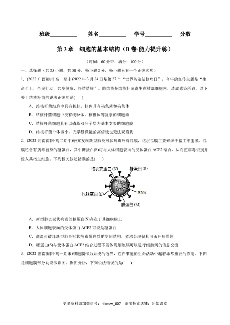 第3章细胞的基本结构（B卷&middot;能力提升练）（原卷版）_E015高中全科试卷_生物试题_必修1_1.单元测试_1.单元测试AB卷（第一套）