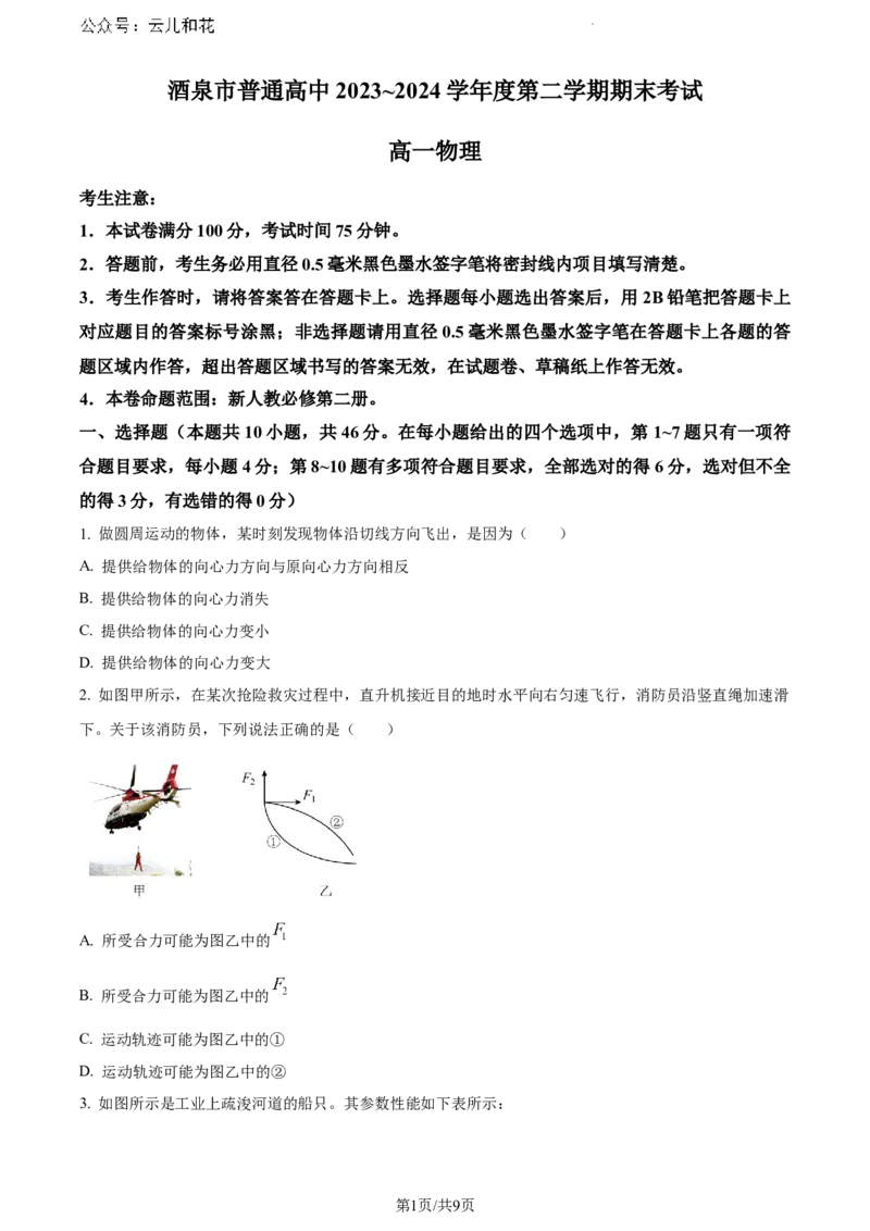 甘肃省酒泉市2023-2024学年高一下学期7月期末考试物理试题_2024-2025高一（7-7月题库）_2024年8月试卷_0806甘肃省酒泉市2023-2024学年高一下学期期末考试(金太阳078A)