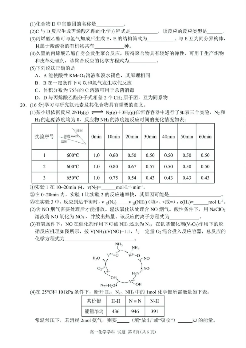 浙江省台州市山海协作体2024-2025学年高一下学期4月期中联考化学试卷（PDF版，含答案）_2024-2025高一（7-7月题库）_2025年04月试卷