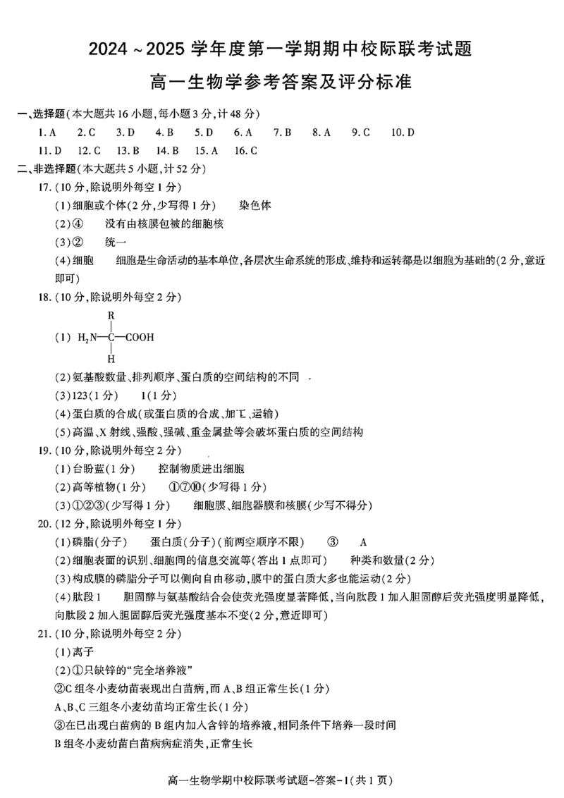 陕西省汉中市期中联考2024-2025学年高一上学期11月期中生物_2024-2025高一（7-7月题库）_2024年11月试卷_1116陕西省汉中市期中联考2024-2025学年高一上学期11月期中