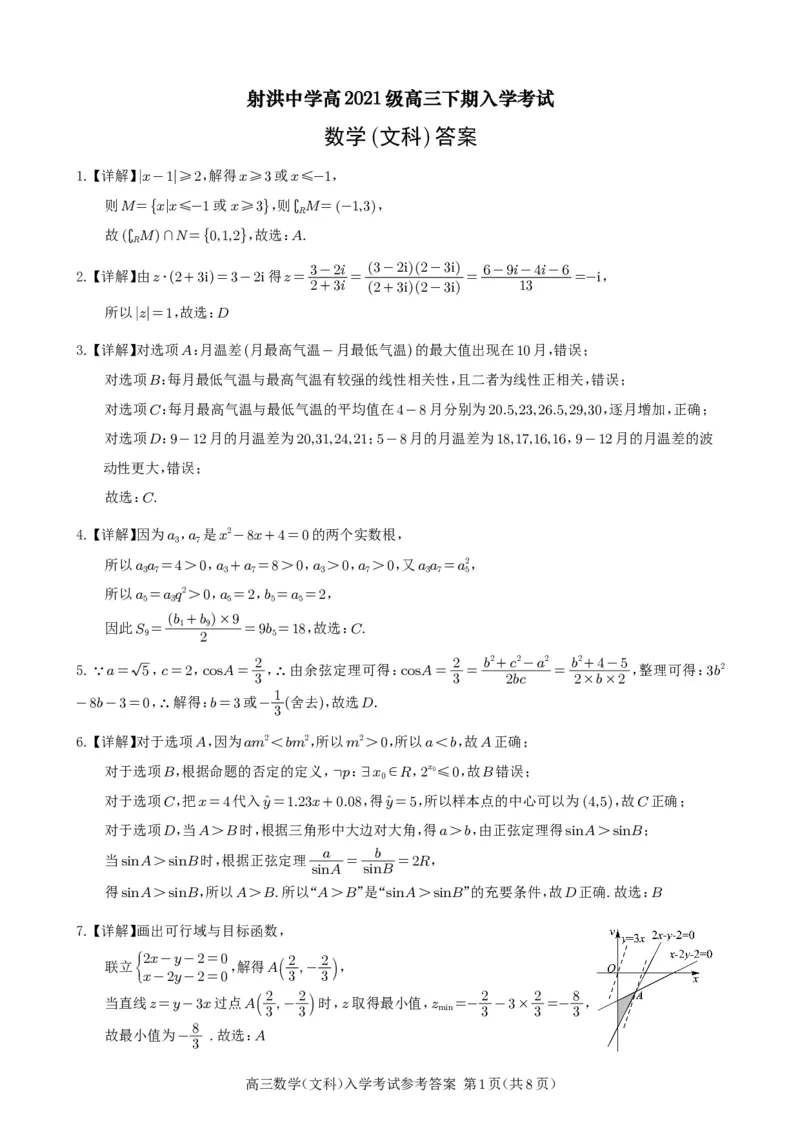 射洪中学高2021级高三下期入学考试数学（文科）试题答案_2024年2月_01每日更新_29号_2024届四川省射洪中学高三下学期开学考试