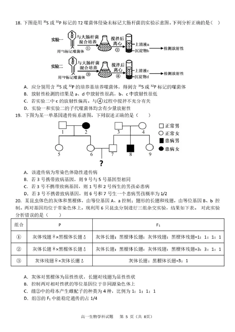 浙江省杭州市S9联盟2024-2025学年高一下学期4月期中生物试卷（扫描版有答案）_2024-2025高一（7-7月题库）_2025年05月试卷_0506浙江省杭州市S9联盟2024-2025学年高一下学期期中联考试题