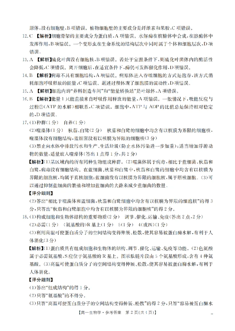 陕西省2025-2026学年高一上学期12月考试（26-167A）生物答案_2024-2025高一（7-7月题库）_2026年1月高一_260103金太阳&middot;陕西省2025-2026学年高一上学期12月考试（26-167A）（全）