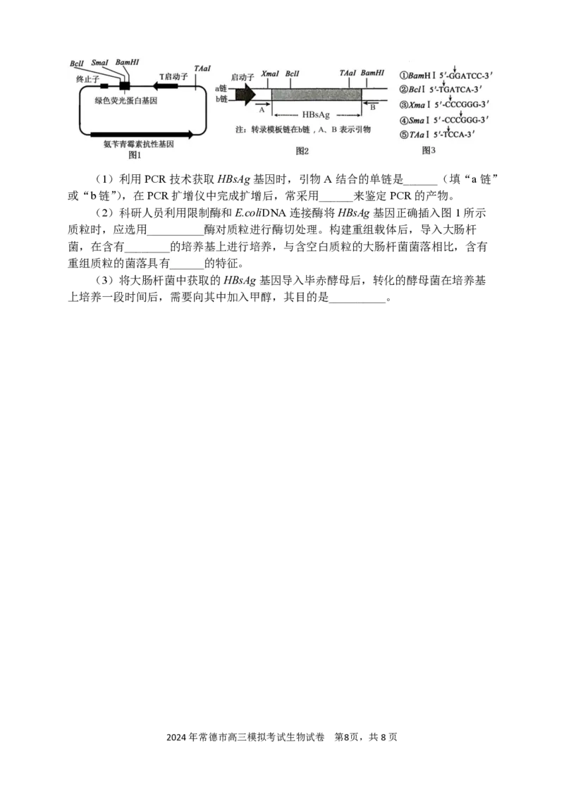 常德市高三试卷（生物）_2024年4月_01按日期_3号_2024届湖南省常德市高三下学期3月模拟考试_2024届湖南省常德市高三下学期3月模拟考试生物试题