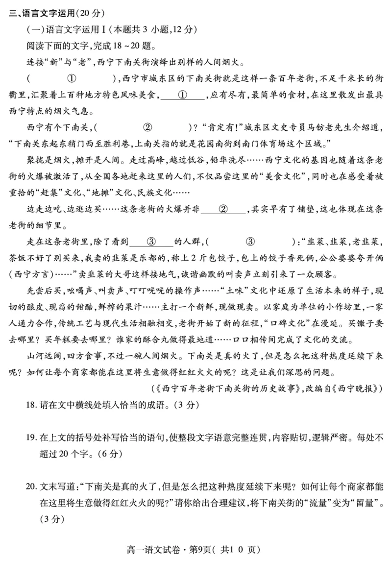 青海省西宁市2023-2024学年高一下学期期末调研测试语文试卷_2024-2025高一（7-7月题库）_2024年7月试卷_0727青海省西宁市2023-2024学年高一下学期期末调研测试