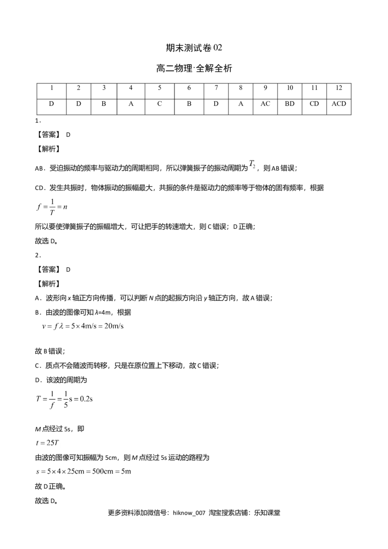 高二物理下学期期末测试卷（人教版2019）02（全解析全析）_E015高中全科试卷_物理试题_选修3_4.期末试卷_高二物理下学期期末测试卷（人教版2019）02