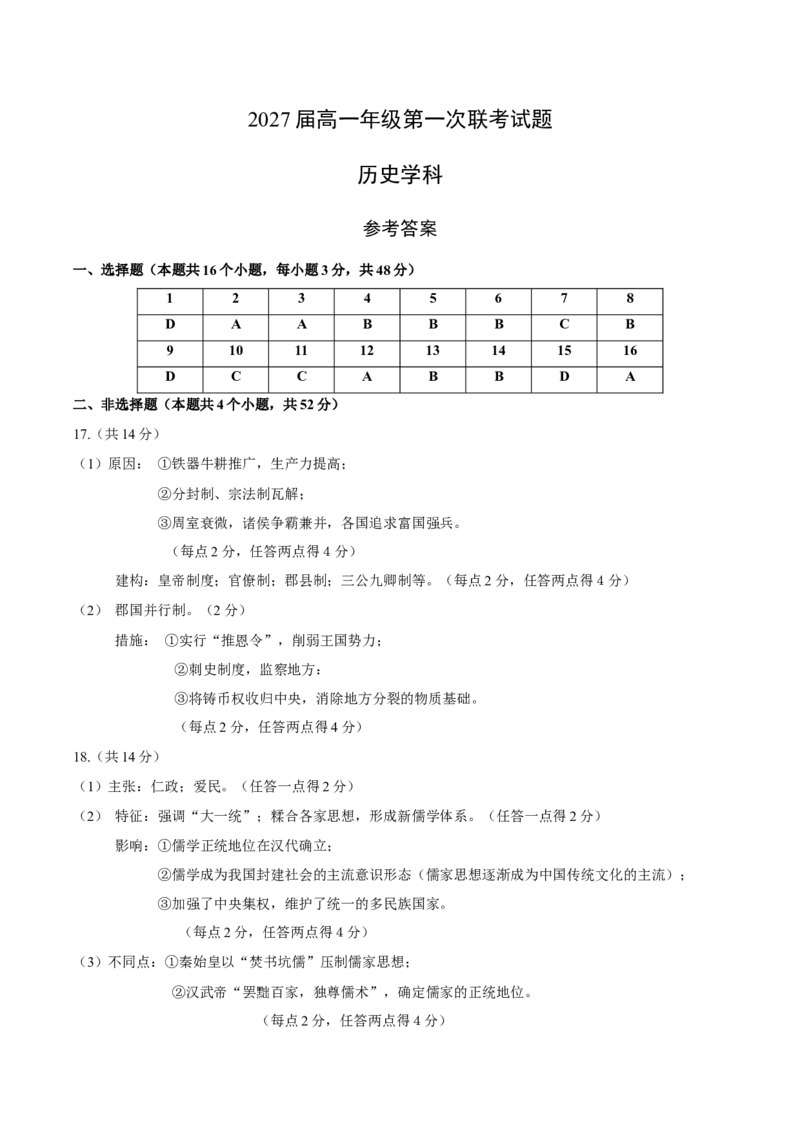 贵州省部分学校2024-2025学年高一上学期第一次联考试题历史Word版含答案_2024-2025高一（7-7月题库）_2025年01月试卷_0110贵州省部分学校2024-2025学年高一上学期第一次联考试题