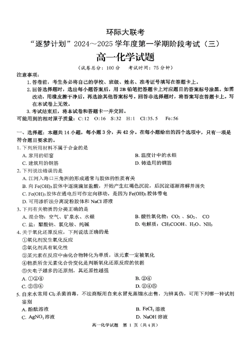 河南省驻马店市环际大联考&ldquo;逐梦计划&rdquo;2024-2025学年高一上学期阶段性考试（三）化学试题_2024-2025高一（7-7月题库）_2024年12月试卷