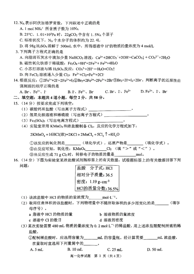 河南省驻马店市环际大联考&ldquo;逐梦计划&rdquo;2024-2025学年高一上学期阶段性考试（三）化学试题_2024-2025高一（7-7月题库）_2024年12月试卷