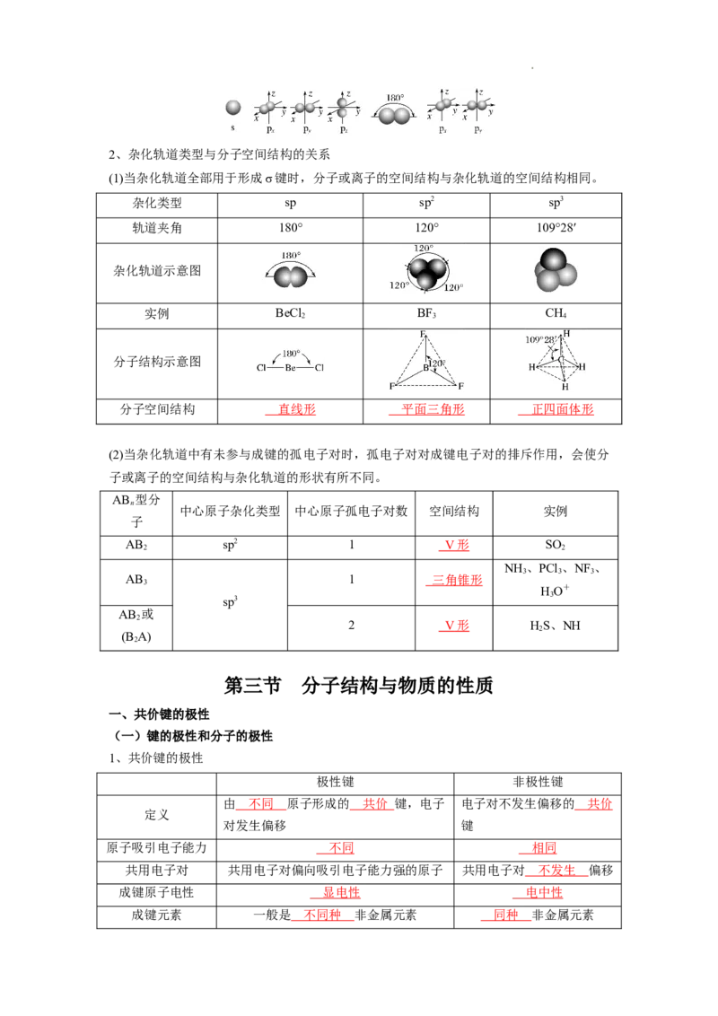 第二章分子结构与性质-知识手册高中化学全册必背章节知识清单（人教版2019选择性必修2）（教师版）_E015高中全科试卷_化学试题_选修2_4.新版人教版高中化学试卷选择性必修2