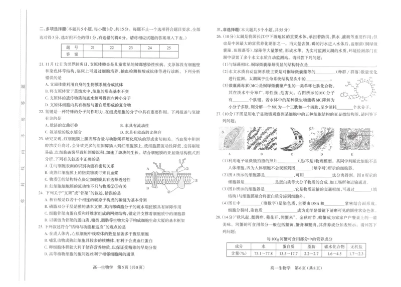 生物试题_2024-2025高一（7-7月题库）_2024年11月试卷_1121山西省太原市2024-2025学年高一上学期11月期中考试