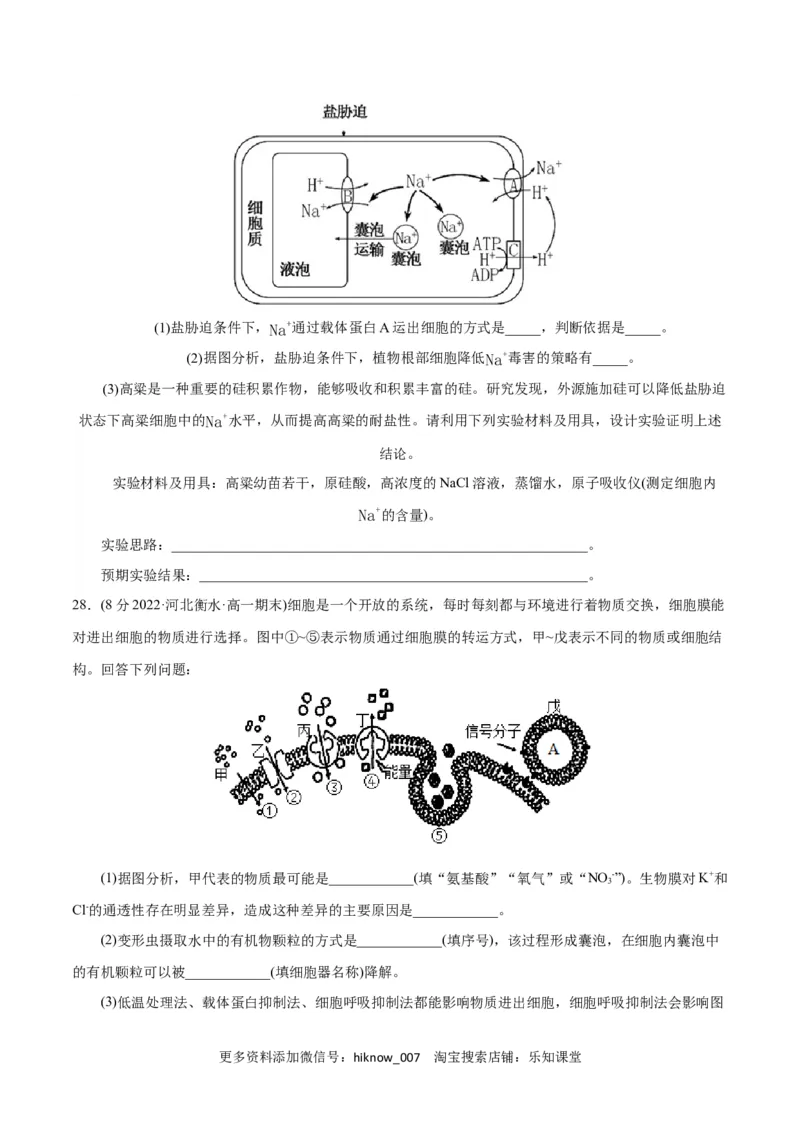 第4章细胞的物质输入和输出（B卷&middot;能力提升练）（原卷版）_E015高中全科试卷_生物试题_必修1_1.单元测试_1.单元测试AB卷（第一套）
