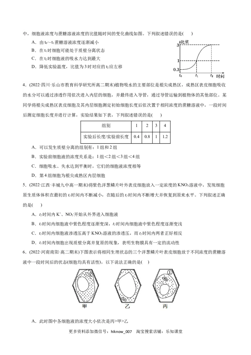 第4章细胞的物质输入和输出（B卷&middot;能力提升练）（原卷版）_E015高中全科试卷_生物试题_必修1_1.单元测试_1.单元测试AB卷（第一套）