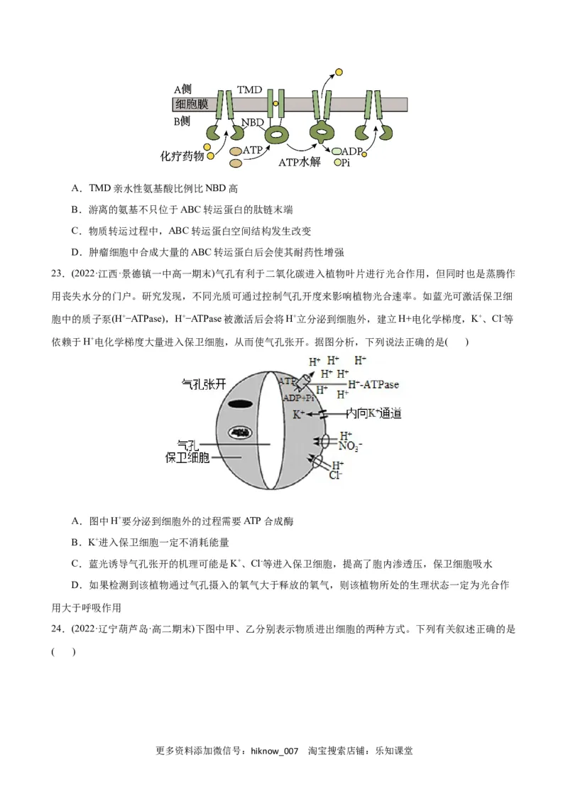 第4章细胞的物质输入和输出（B卷&middot;能力提升练）（原卷版）_E015高中全科试卷_生物试题_必修1_1.单元测试_1.单元测试AB卷（第一套）