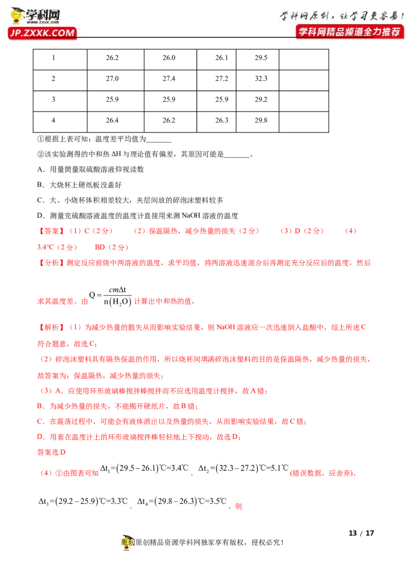 第一章化学反应的热效应（B卷&middot;能力提升练）（解析版）_E015高中全科试卷_化学试题_选修1_3.新版人教版高中化学试卷选择性必修1_2.单元测试_2.单元测试AB卷（第二套）