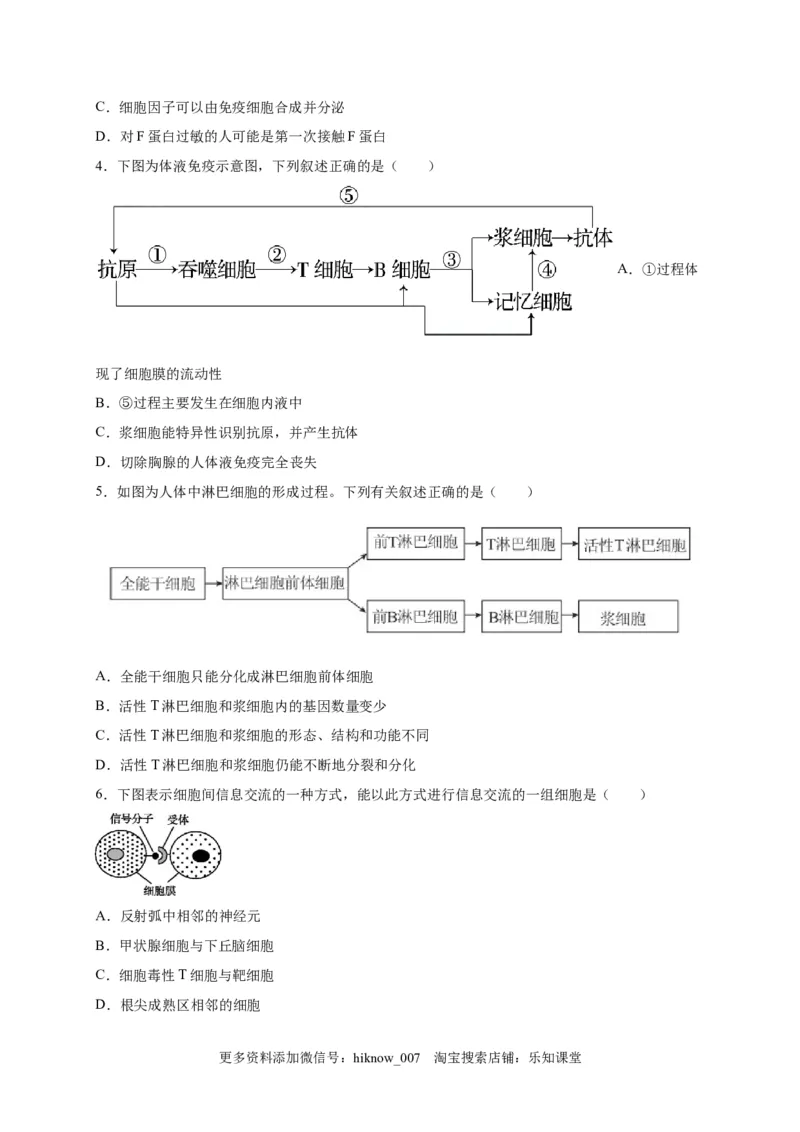第4章免疫调节单元测试卷2022-2023学年人教版（2019）高中生物选择性必修1_E015高中全科试卷_生物试题_选修1_1.单元测试_2.单元测试（第二套）_第四章