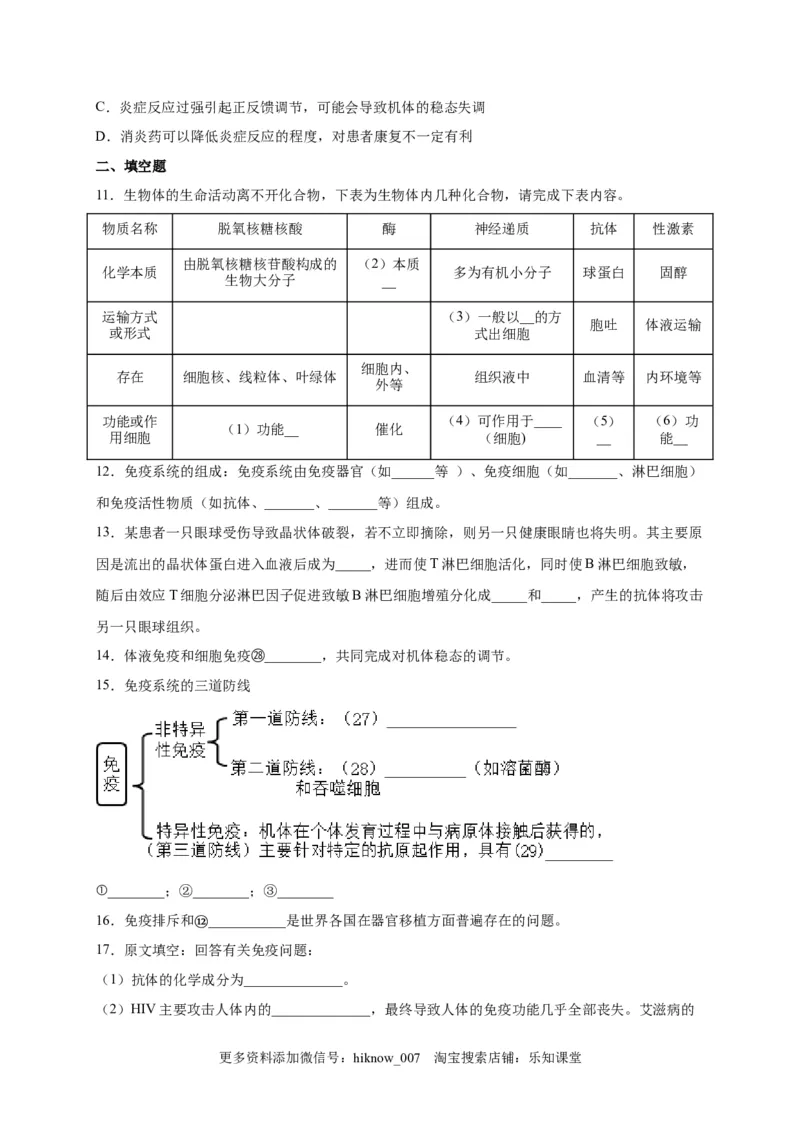 第4章免疫调节单元测试卷2022-2023学年人教版（2019）高中生物选择性必修1_E015高中全科试卷_生物试题_选修1_1.单元测试_2.单元测试（第二套）_第四章