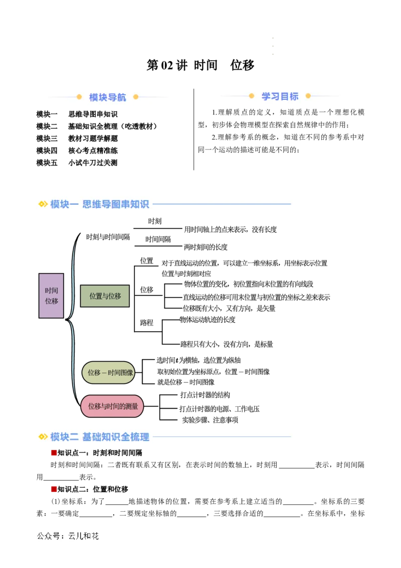 第02讲时间位移（原卷版）_2024-2025高一（7-7月题库）_2024年7月试卷_07082024年初升高物理无忧衔接（通用版）+暑假自学课2024年新高一物理暑假提升精品讲义