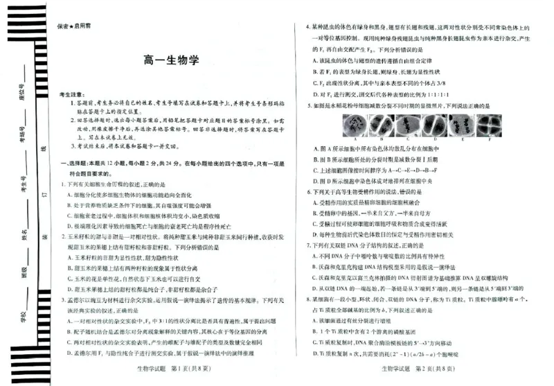 湖南省湘一名校联盟2024-2025学年高一下学期4月期中联考生物试题扫描版无答案_2024-2025高一（7-7月题库）_2025年05月试卷_0526湖南省湘一名校联盟2024-2025学年高一下学期4月期中联考