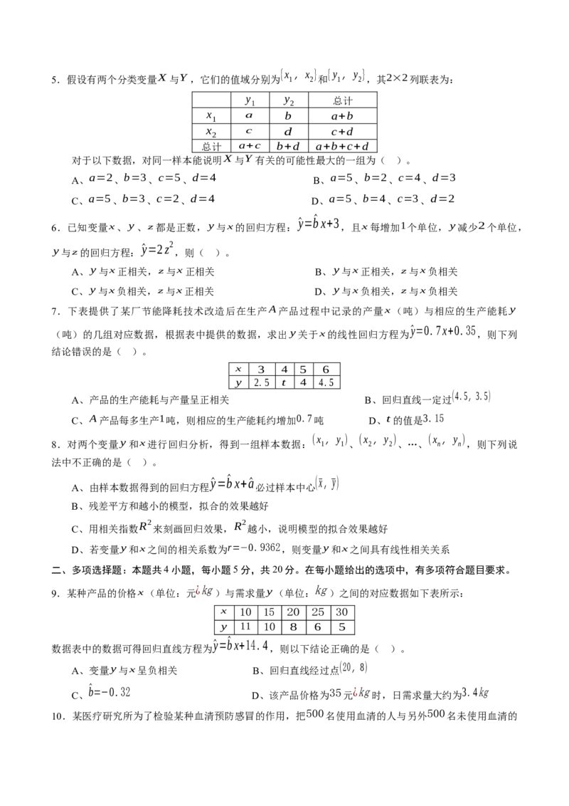 第八章成对数据的统计分析（基础训练）A卷（原卷版）_E015高中全科试卷_数学试题_选修3_02.同步练习_课后培优练2023年