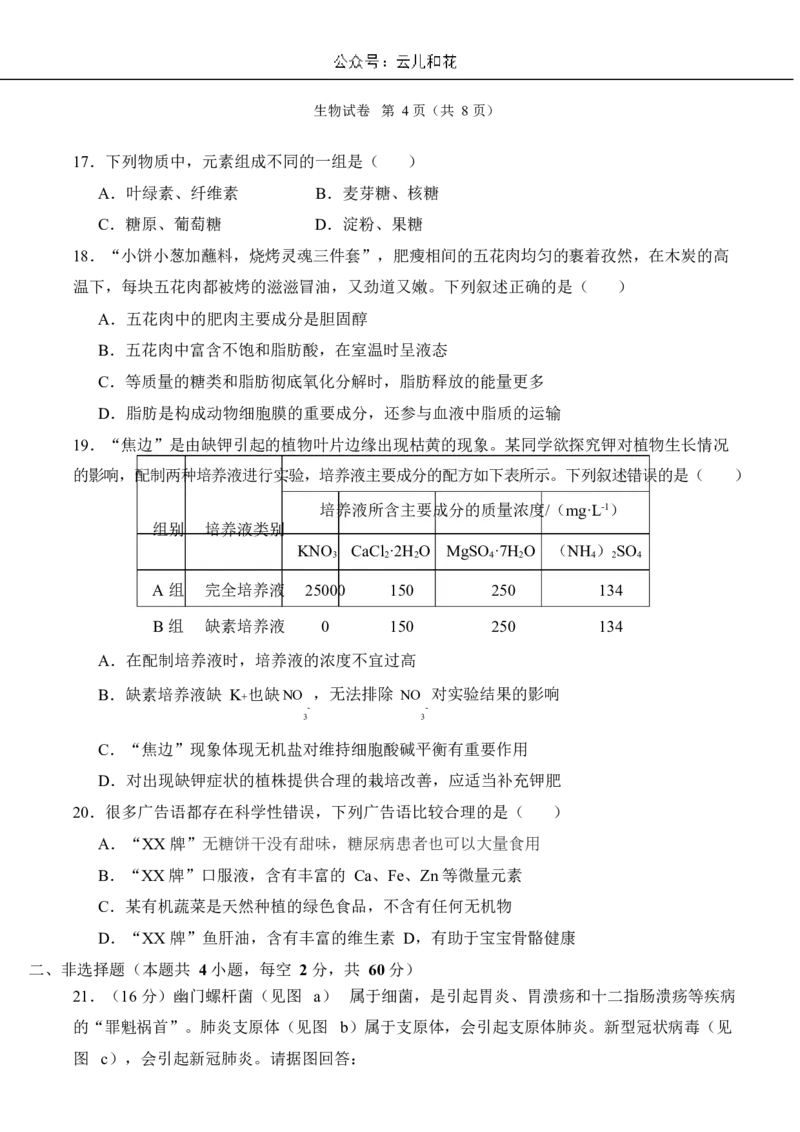 荆州中学2024-2025学年高一上学期9月月考生物_2024-2025高一（7-7月题库）_2024年10月试卷_1006湖北省荆州中学2024-2025学年高一上学期9月月考