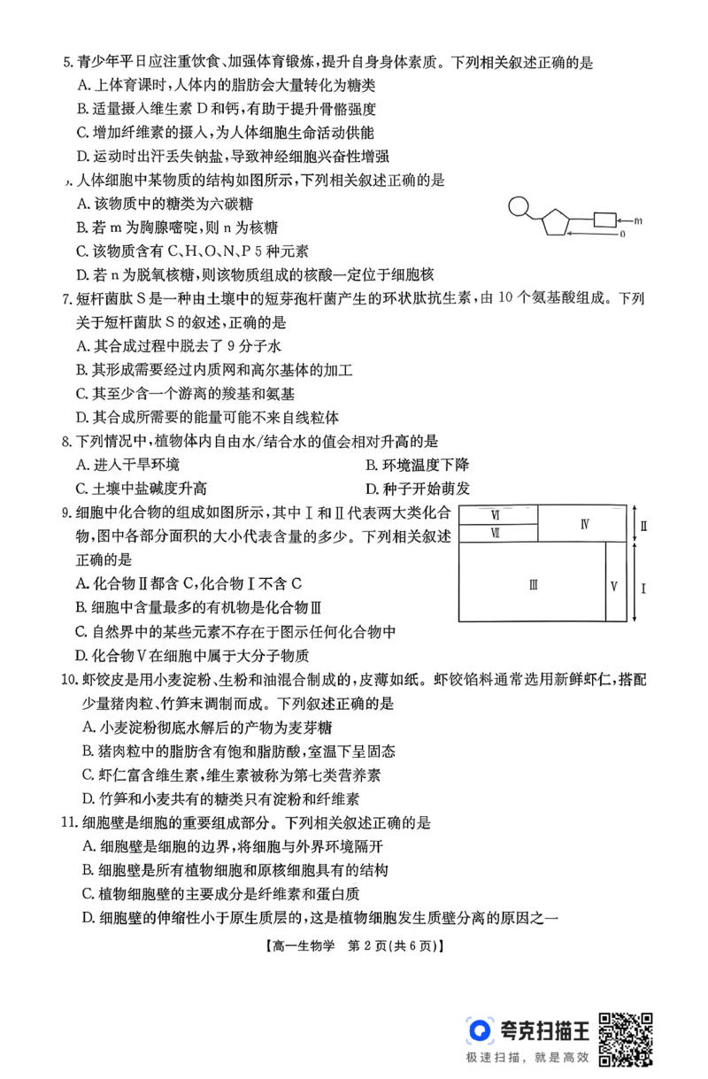 生物26-11-149A试卷_2024-2025高一（7-7月题库）_2026年1月高一_260112金太阳&middot;广东省2028届高一上学期12月联考（26-149A）（全）