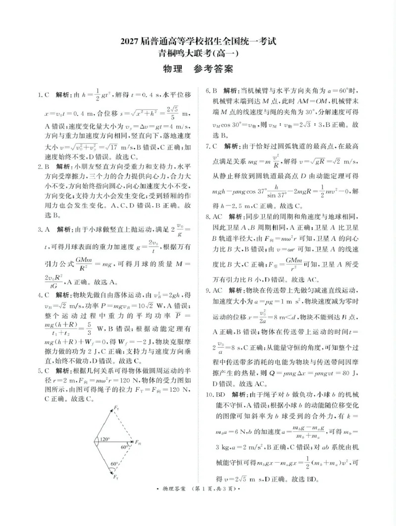 河南省青桐鸣大联考2024-2025学年高一下学期联考物理试卷（图片版，含解析）_2024-2025高一（7-7月题库）_2025年6月7.10新增_0609河南省青桐鸣联考2024-2025学年高一下学期5月月考