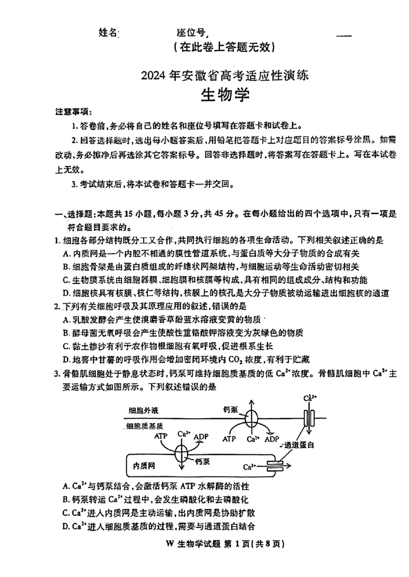 安徽生物（无答案）(1)_2024年2月_2024年九省联考各版本合集_安徽（物化生政史地）