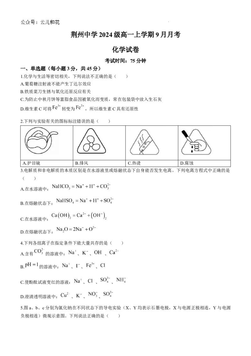 湖北省荆州中学2024-2025学年高一上学期9月月考化学试卷_2024-2025高一（7-7月题库）_2024年10月试卷_1006湖北省荆州中学2024-2025学年高一上学期9月月考