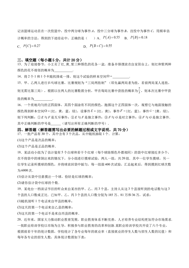 第十章概率（A基础卷）（原卷版）-新教材2022-2023学年高一数学尖子生培优AB卷（人教A版2019必修第二册）_E015高中全科试卷_数学试题_必修2_01.单元测试_1.单元测试AB卷2023年