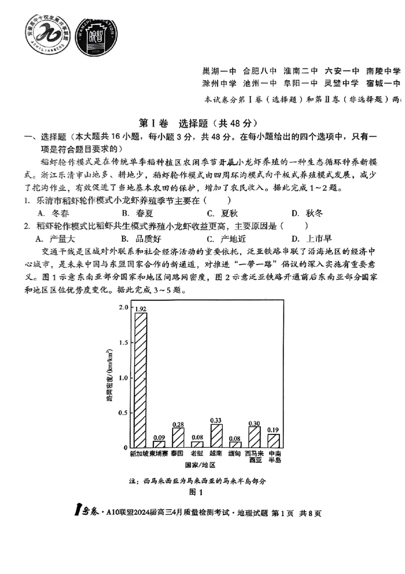 地理试题_2024年4月_01按日期_15号_2024届安徽省1号卷A10联盟高三4月质量检测_2024届安徽省1号卷A10联盟高三4月质量检测-地理