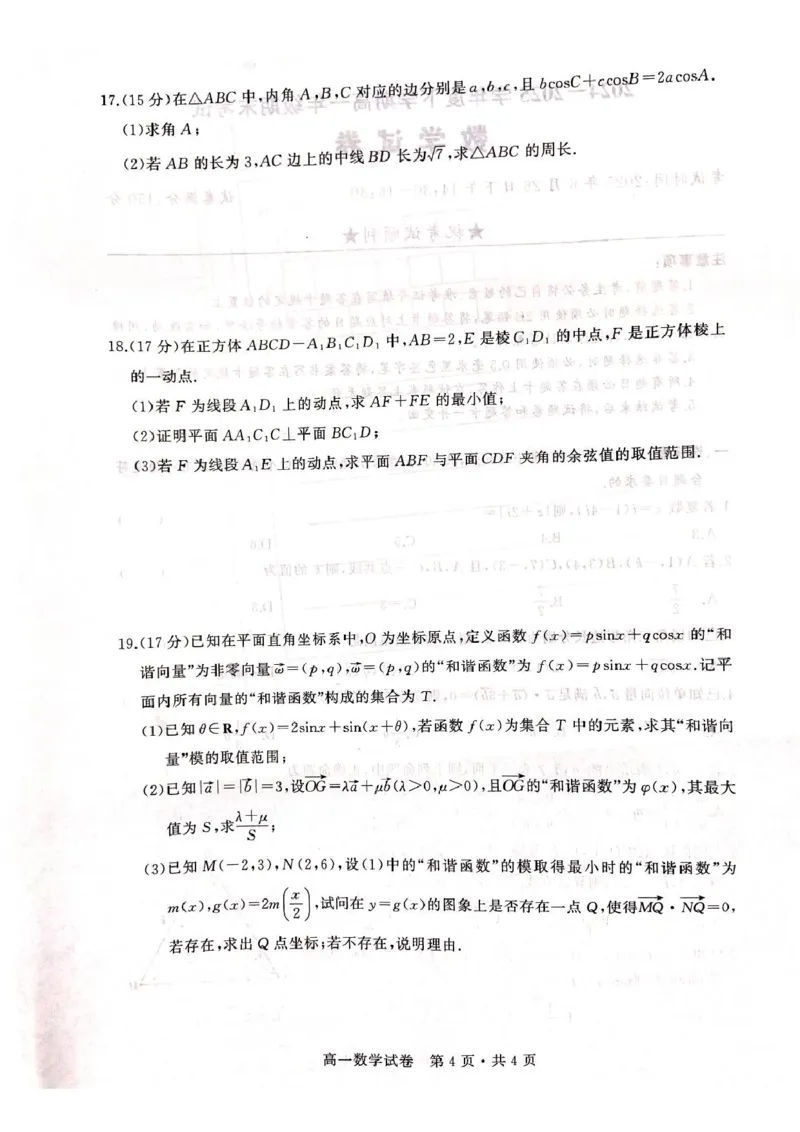 湖北省武汉市五校联合体2024-2025学年高一下学期期末考试数学试卷（PDF版，无答案）_2024-2025高一（7-7月题库）_2025年7月_250705湖北省武汉市五校联合体2024-2025学年高一下学期6月期末