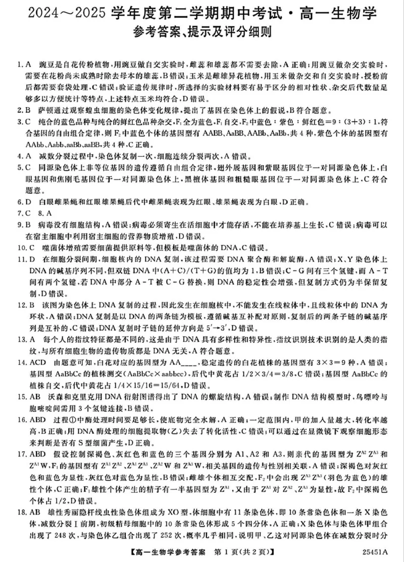 河北省邯郸市2024-2025学年高一下学期4月期中考试生物PDF版含解析_2024-2025高一（7-7月题库）_2025年05月试卷_0530河北省邯郸市2024-2025学年高一下学期4月期中考试