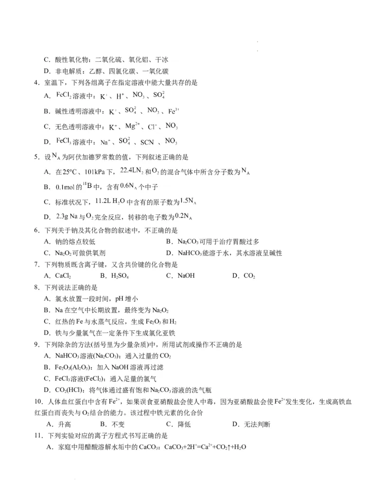 高一化学期末模拟卷01（考试版）测试范围：人教版2019必修第一册全部A4版_E015高中全科试卷_化学试题_必修1_1.新版人教版高中化学试卷必修一_4.期末试卷
