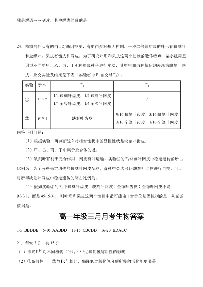 湖北省荆州市沙市中学2024-2025学年高一下学期3月月考生物试题（含答案）_2024-2025高一（7-7月题库）_2025年04月试卷_0423湖北省荆州市沙市中学2024-2025学年高一下学期3月月考