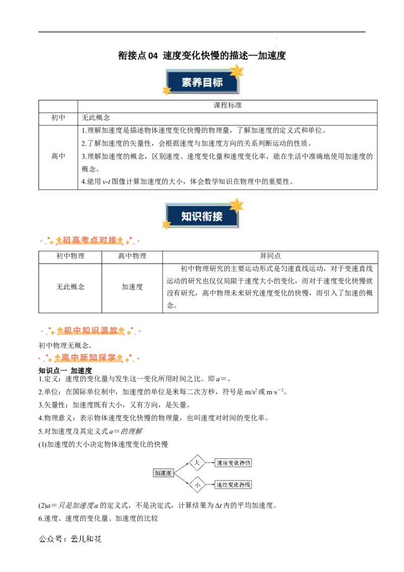 衔接点04速度变化快慢的描述&mdash;加速度（解析版）_2024-2025高一（7-7月题库）_2024年7月试卷_07082024年初升高物理无忧衔接（通用版）+暑假自学课2024年新高一物理暑假提升精品讲义