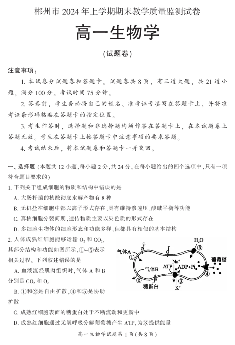 湖南省郴州市2023-2024学年高一下学期期末考试生物试题_2024-2025高一（7-7月题库）_2024年8月试卷_0820湖南省郴州市2023-2024学年高一下学期期末教学质量监测